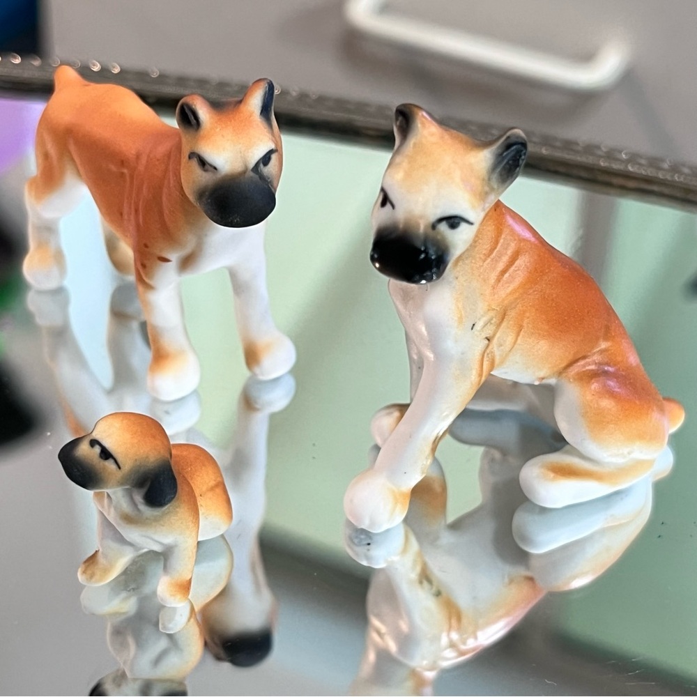 Vintage Trio of Bone China Boxers Figurines, with Original Box Tallest approx 2"